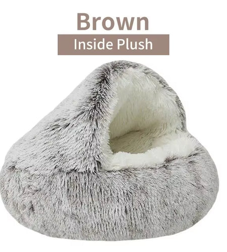 Plush Hooded Pet Bed round Fluffy Soft Cat Bed Pet Cushion Warm Cat Dog 2 in 1 Sleeping Nest Cave for Small Dogs
