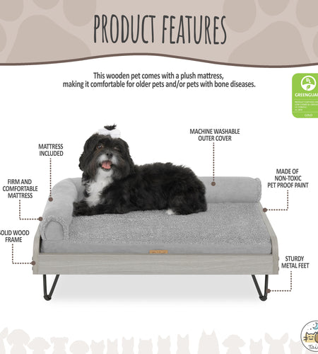 Asher Wooden Pet Bed with Mattress | Small to Medium Pet Bed with Mattress | Elevated Pet Bed | Greenguard Gold Certified Wooden Pet Bed