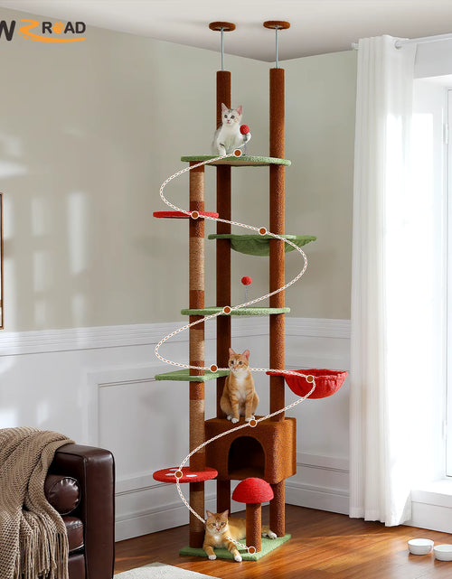Load image into Gallery viewer, Height 230-252CM Cactus Cat Tree Floor to Ceiling with Green Leaves Tall Tower 7 Tiers Climbing Tree with Cozy Hammocks Condos
