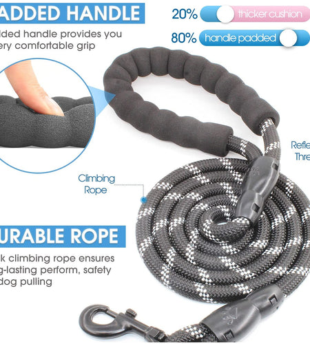 2/4/5/6 FT Dog Leash with Comfortable Padded Handle and Highly Reflective Threads for Small Medium and Large Dogs (5FT-1/2'', Black)
