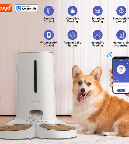 Wifi Automatic Cat Feeders for 2 Cats, 4L Cat Food Dispenser with APP Control, Double Stainless Steel Bowls, Low Food Alarms