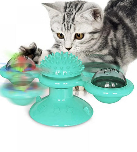 Cat Toys,Windmill Cat Toy with Led Ball and Catnip Ball,Cat Turntable Teasing Interactive Toy with Suction Cup, Funny Kitten Windmill Ball Cat Toys for Indoor Cats, Massage Scratching Tickle-1Pack