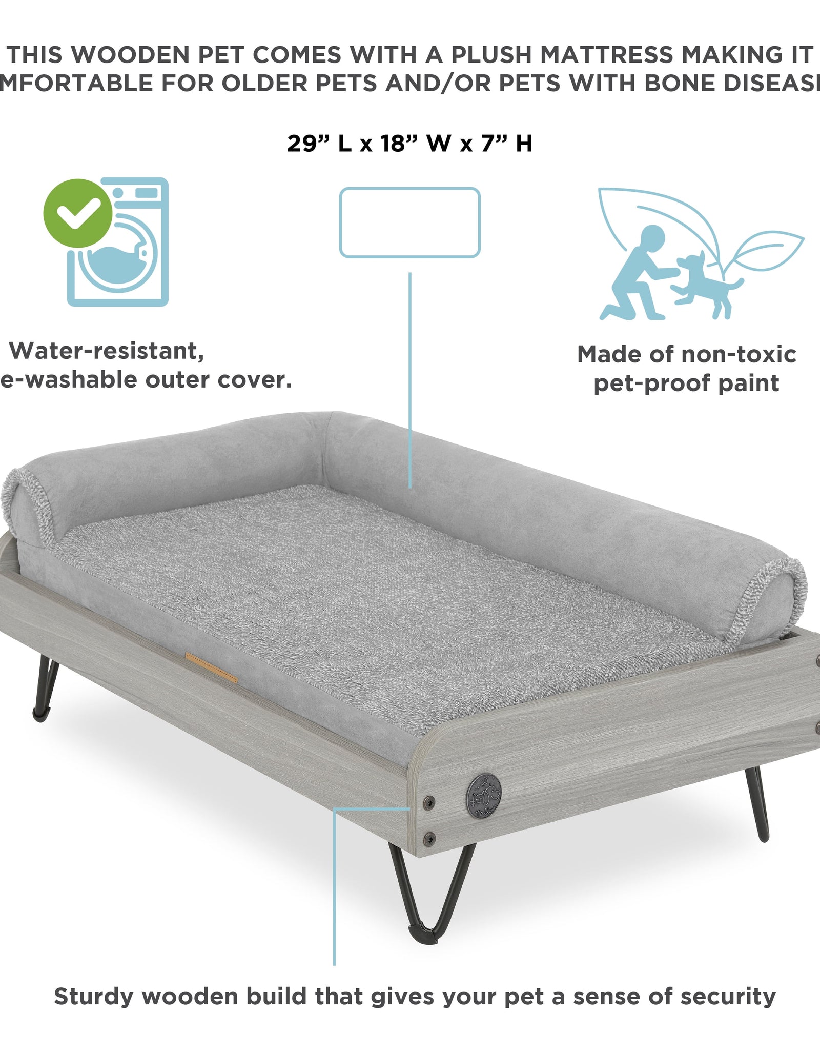 Asher Wooden Pet Bed with Mattress | Small to Medium Pet Bed with Mattress | Elevated Pet Bed | Greenguard Gold Certified Wooden Pet Bed