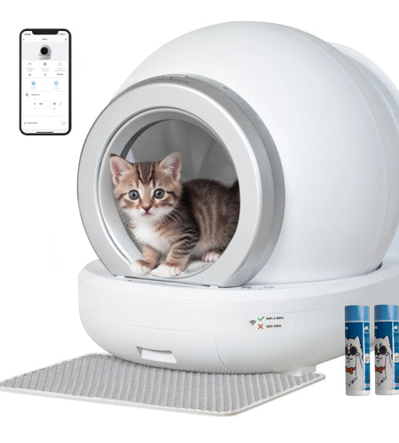 Automatic Self-Cleaning Cat Litter Box with Plastic Pad, Smart Cat Litter Box with APP Control, White